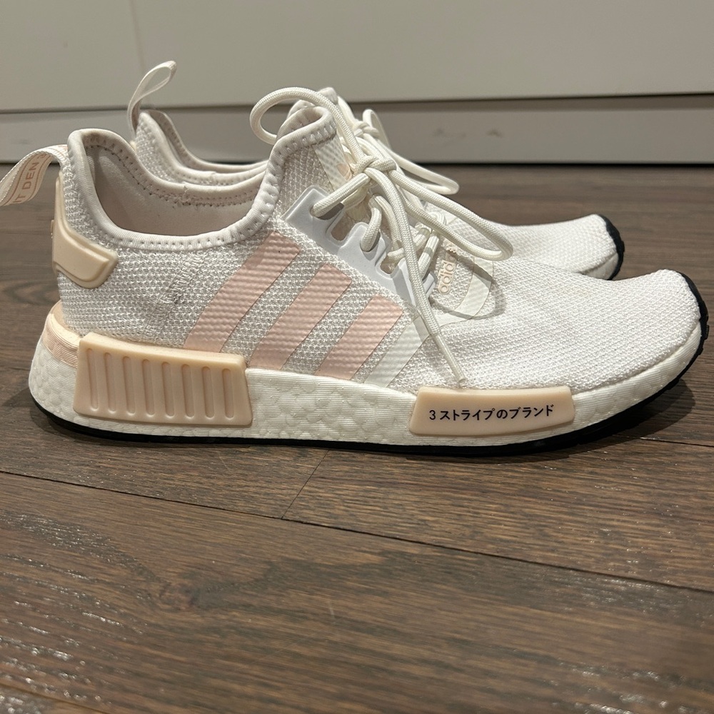 Adidas NMD_R1 sneakers. White and Light Pink Athletic Shoes